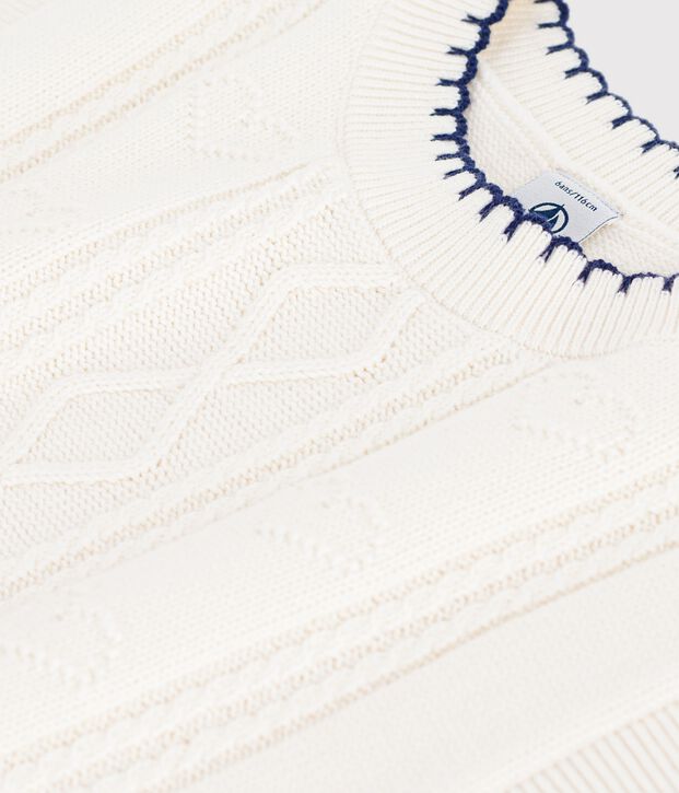 Mouwloze kindertrui van wol en katoen met kabeltricot wit