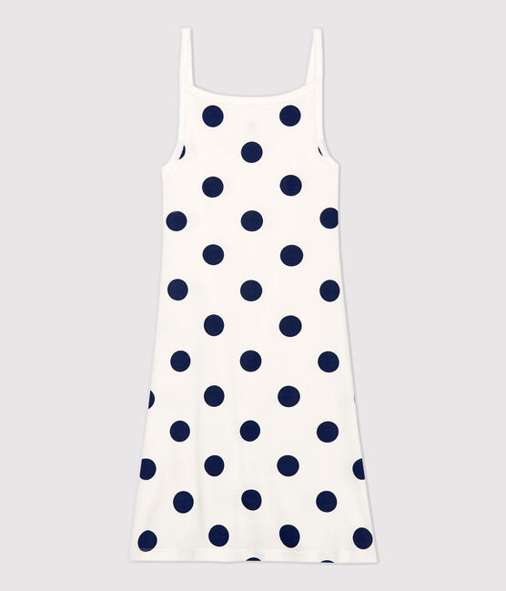Katoenen Damesjurk met spaghettibandjes en stippen wit MARSHMALLOW/blauw MEDIEVAL