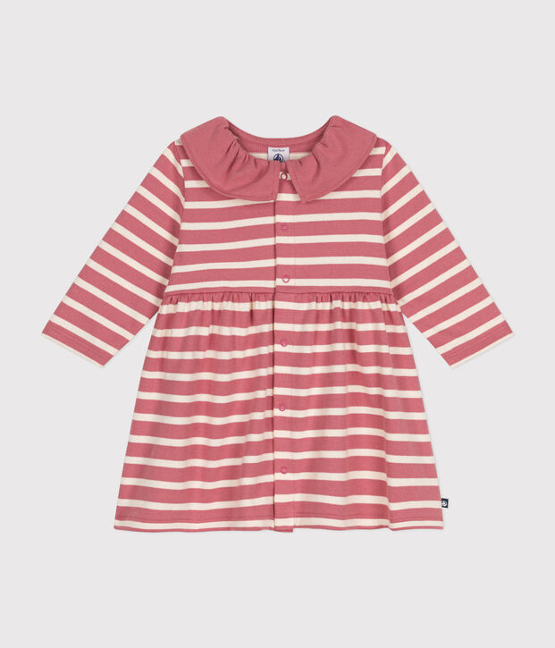 Robe manches longues en jersey &eacute;pais b&eacute;b&eacute; rose/&eacute;cru