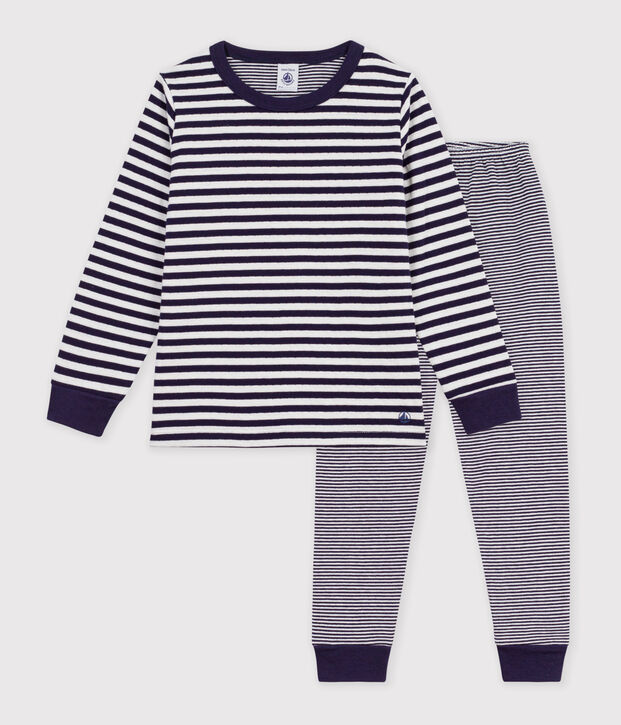 Gestreepte kinderpyjama in tubic blauw/ecru