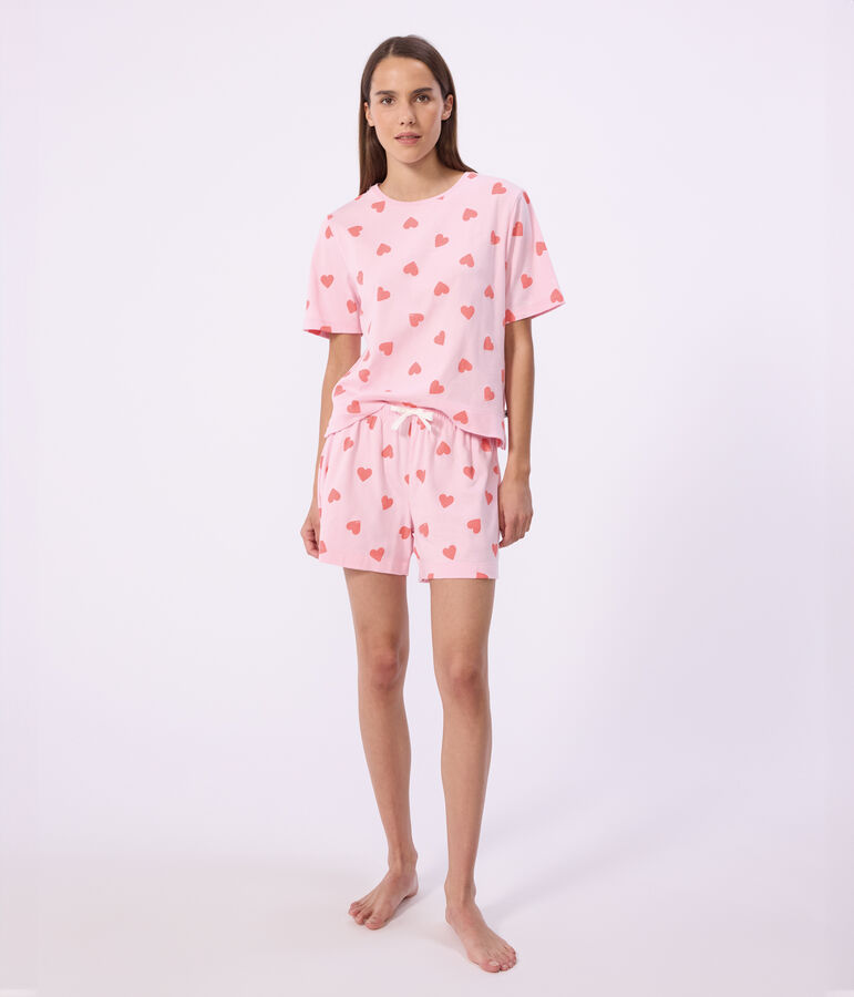Pyjama short femme en coton imprim&eacute; c&oelig;ur rose/orange