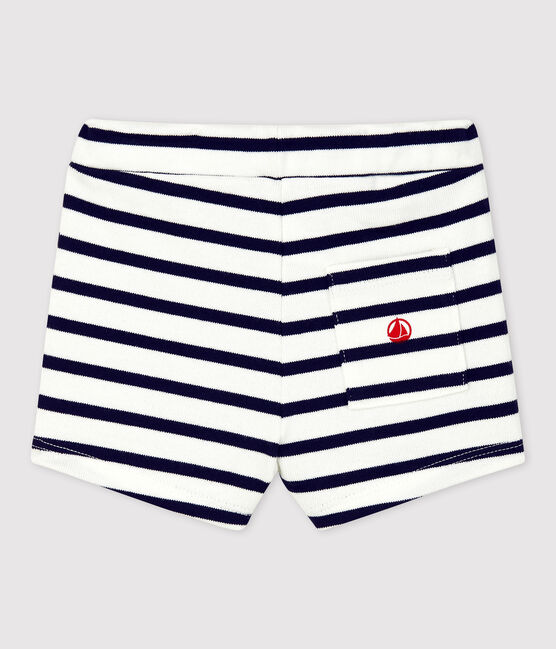 Short en jersey épais bio bébé blanc MARSHMALLOW/bleu SMOKING