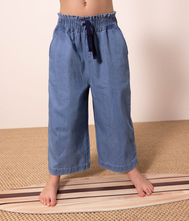 Brede broek in denim voor meisjes blauw