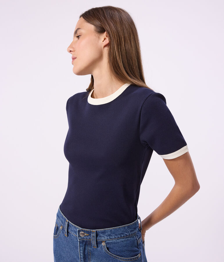 Dames-T-shirt van effen katoen met korte mouwen blauw