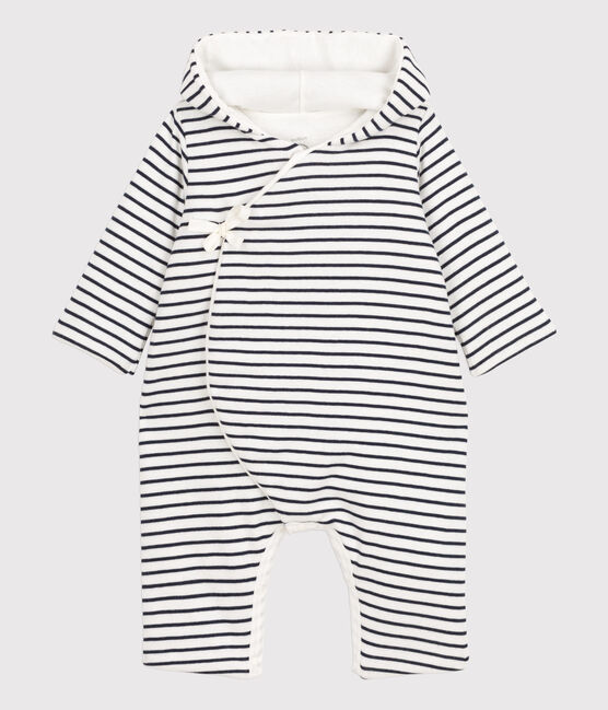 Combinaison longue rayée marinière à capuche bébé en coton blanc MARSHMALLOW/bleu SMOKING