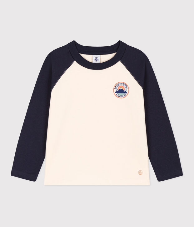 Jongens-T-shirt met lange mouwen ecru/blauw