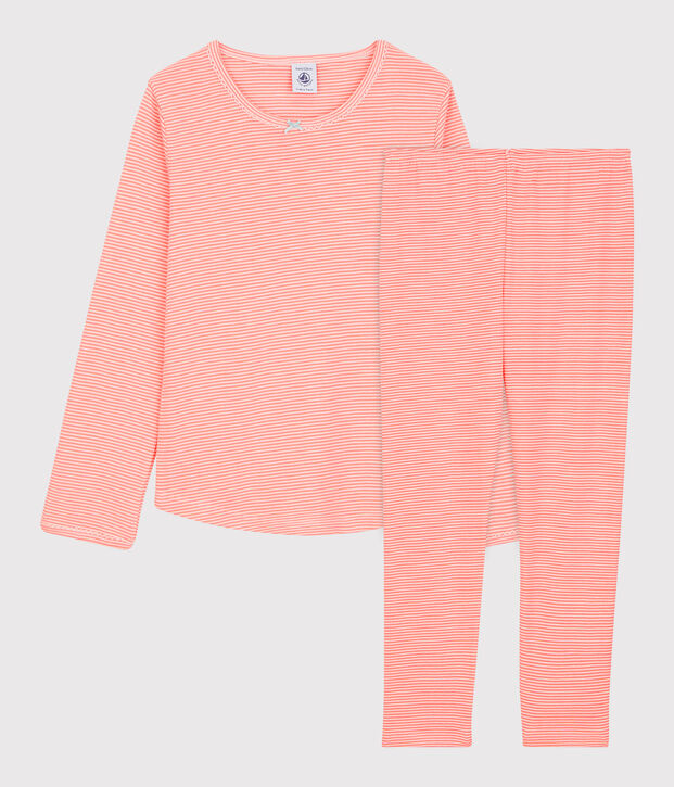 Pyjama &agrave; rayures milleraies petite fille en coton orange/blanc