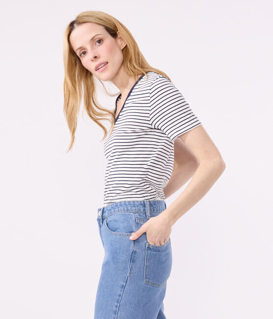 L'Iconique, gestreept katoenen T-shirt met V-hals voor dames wit MARSHMALLOW/blauw SMOKING
