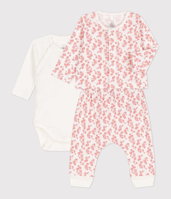 Ensemble van biokatoen uit 3 delen met Hawaïprint voor baby's wit MARSHMALLOW/ PAPAYE