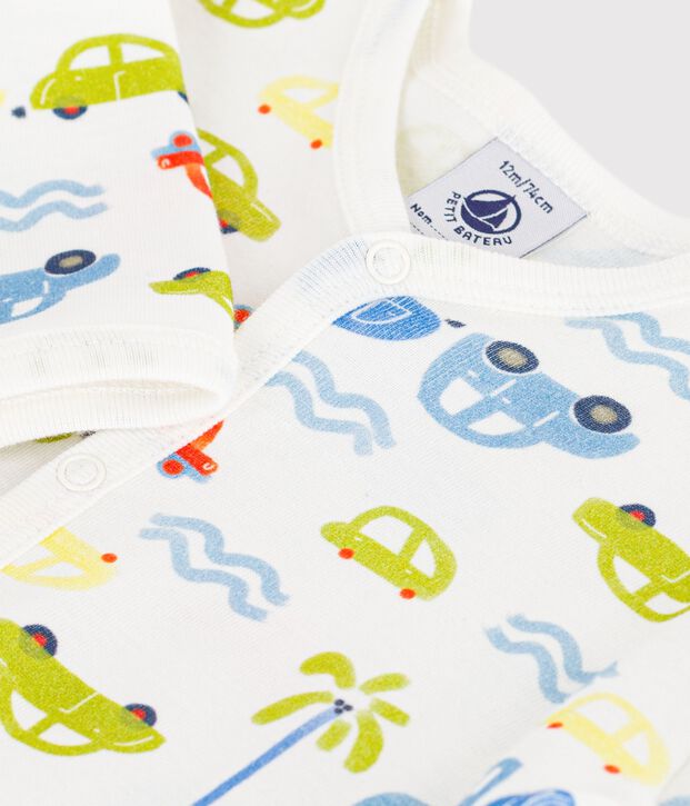 Katoenen babypyjama zonder voetjes met autootjesprint wit/multicouleur