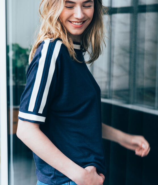 dames tee-shirtmet korte mouwen in linnen blauw SMOKING