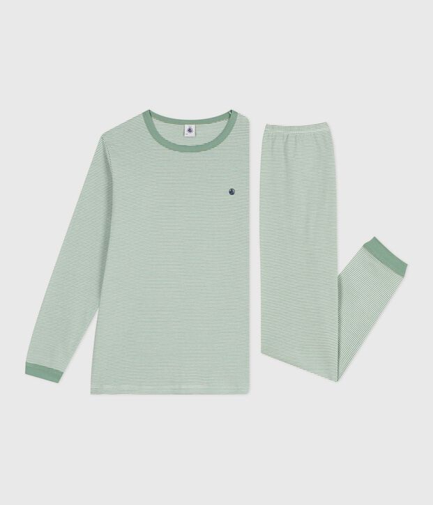 Pyjama enfant en coton &agrave; rayures vert/blanc