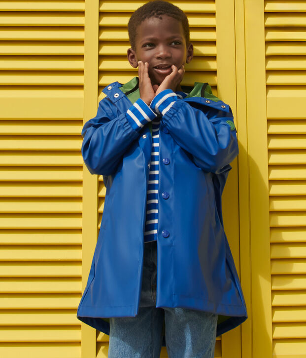 Lange tweekleurige regenjas voor kinderen blauw/groen