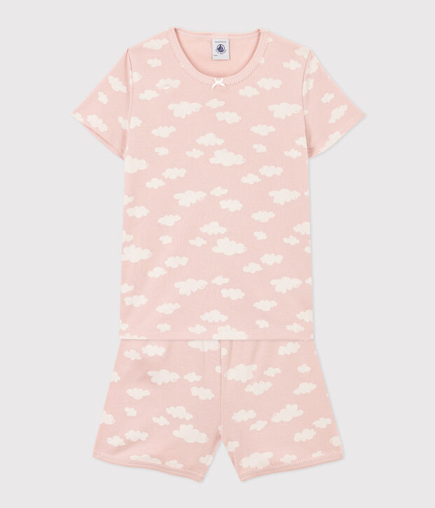 Korte meisjespyjama met wolken in fijn katoen roze/wit