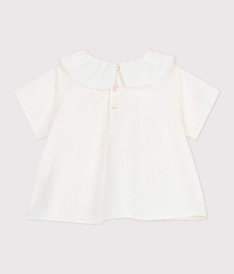 Effen babybloesje met korte mouwen van poplin katoen wit MARSHMALLOW