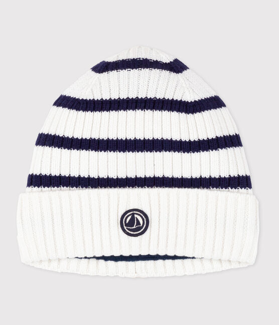 Gebreide gestreepte kindermuts met fleecevoering blauw MARSHMALLOW/ SOIR