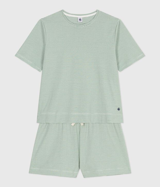 Pyjama short femme en coton &agrave; rayures vert/blanc