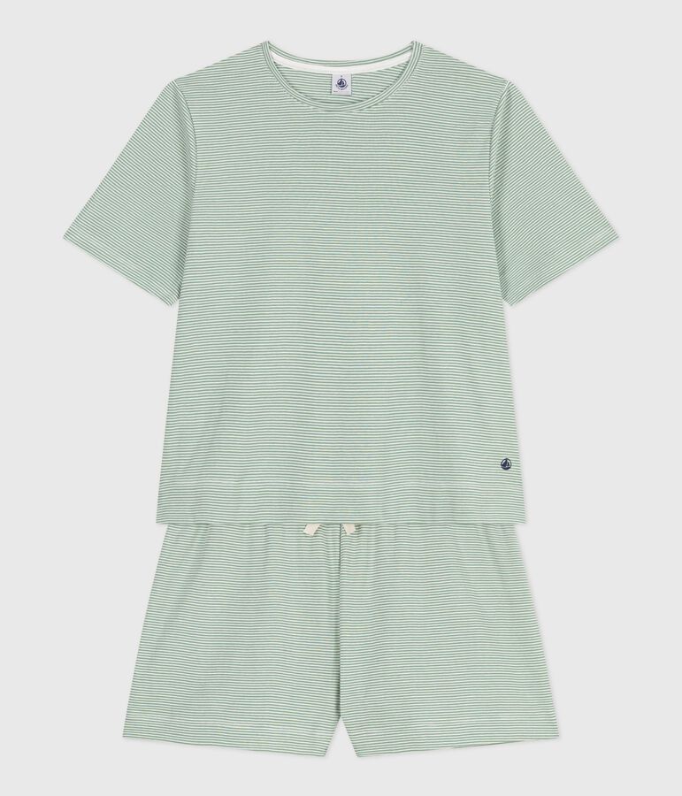 Pyjama short femme en coton &agrave; rayures vert/blanc