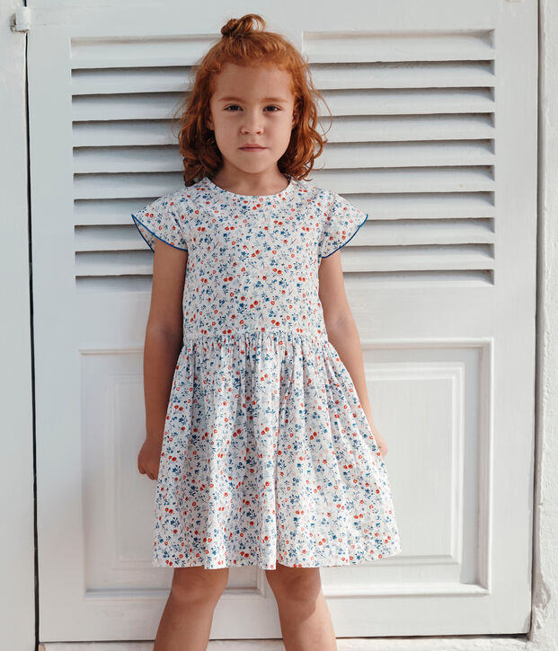 Robe enfant en coton manches courtes fleurie blanc/multicouleur