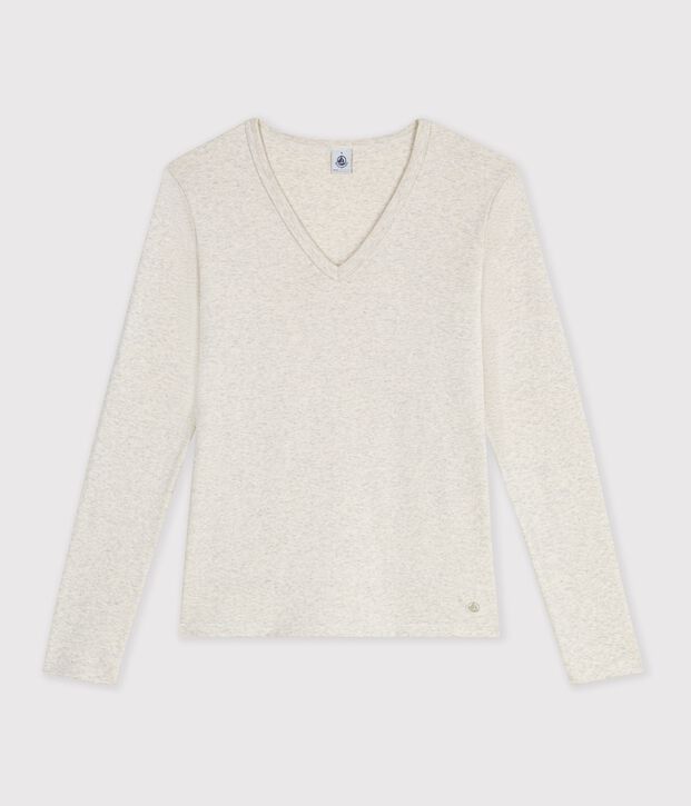 Tee-shirt femme en coton manches longue uni beige chin&eacute;