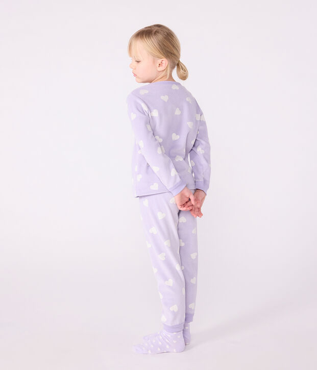 Fluwelen kinderpyjama met hartjesprint purper/wit