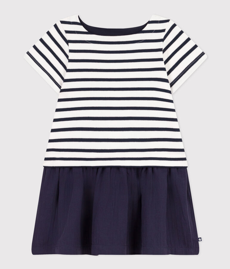 Robe manches courtes jersey &eacute;pais et gaze de coton enfant fille blanc/bleu