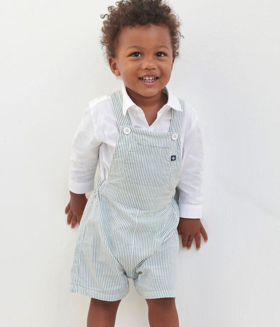 Gestreepte salopette met korte pijpen van katoen voor baby's wit MARSHMALLOW/blauw BRUT