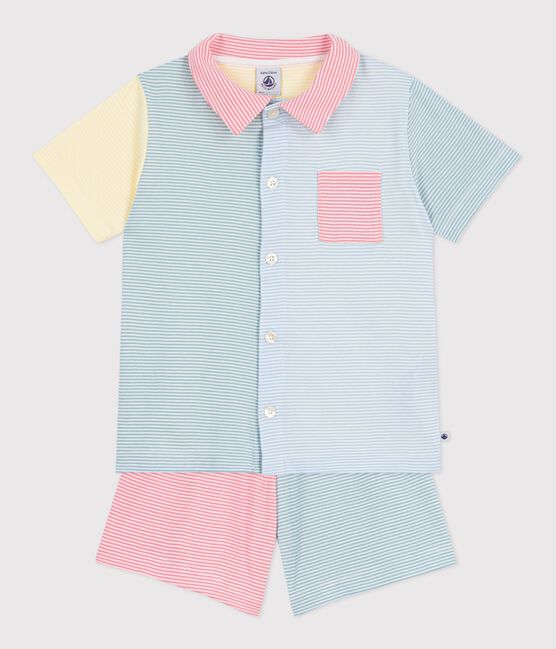 Pyjama short boutonné enfant en coton à rayures blanc MARSHMALLOW/blanc MULTICO