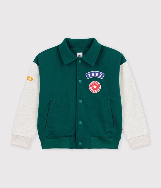 Veste teddy enfant en coton uni colorblock vert/beige