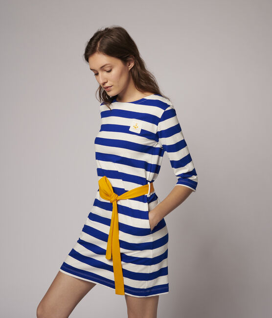 Gestreepte jurk met lange mouwen Dames blauw SURF/wit MARSHMALLOW