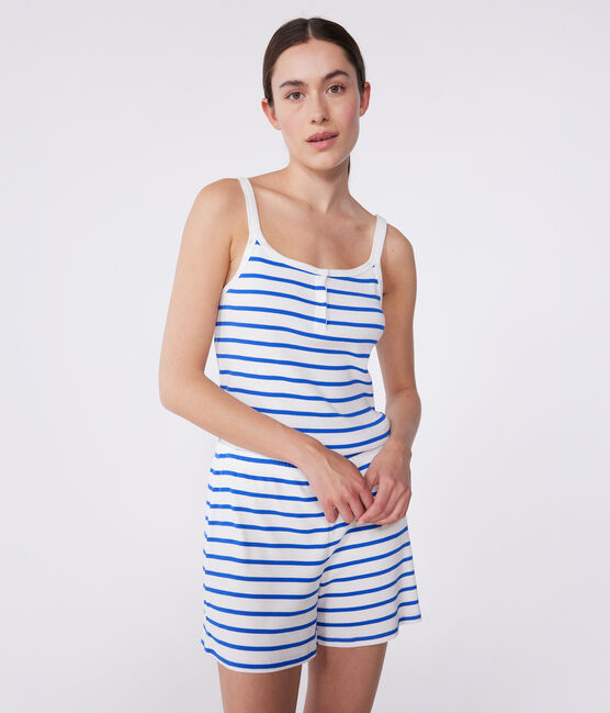 Korte, gestreepte damespyjama met bandjes van katoen wit MARSHMALLOW/blauw PERSE