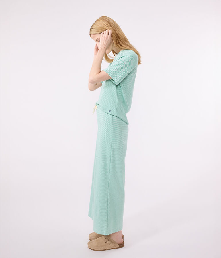 Pyjama femme en coton jambes larges &agrave; rayures vert ALOEVERA/blanc MARSHMALLOW