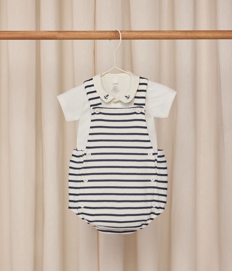 Tweedelig katoenen babysetje met strepen en geborduurde details wit/blauw