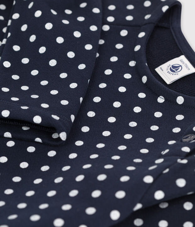 Meisjesjurk met stippen en met lange mouwen in molton blauw/ecru
