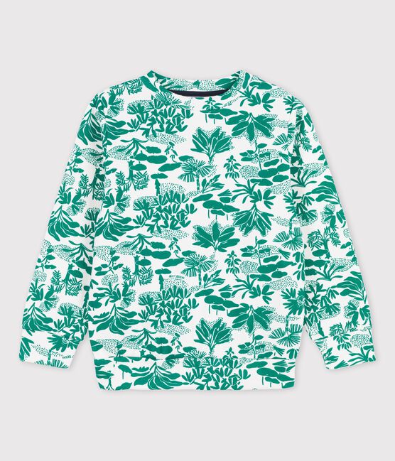 Sweatshirt en molleton enfant garçon blanc MARSHMALLOW/vert GAZON