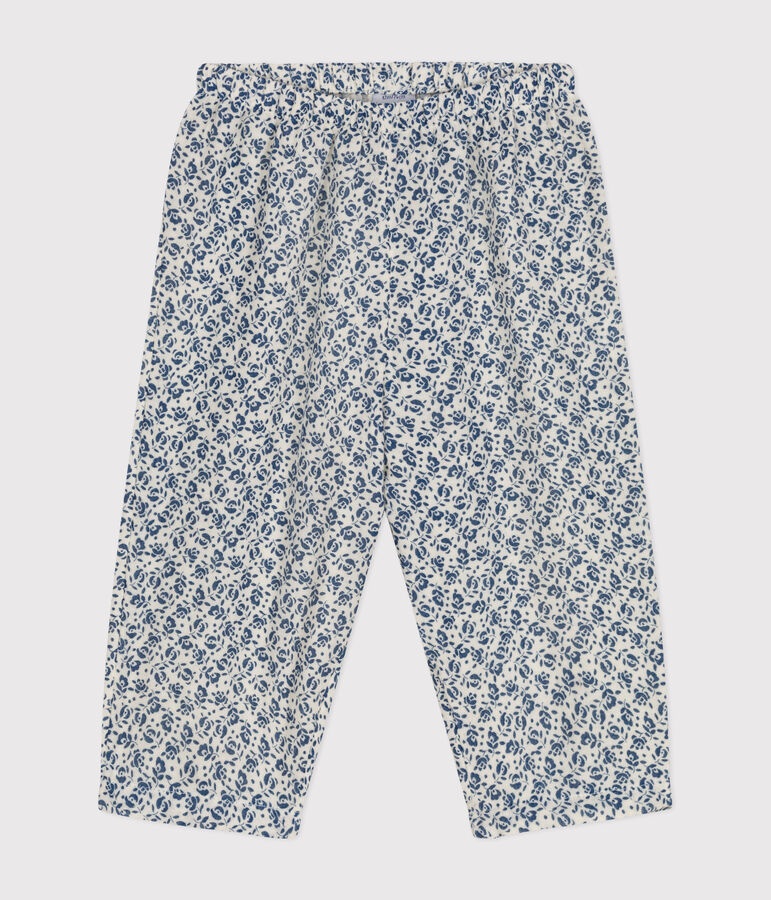 Babybroek van luchtig katoen met print ecru/blauw