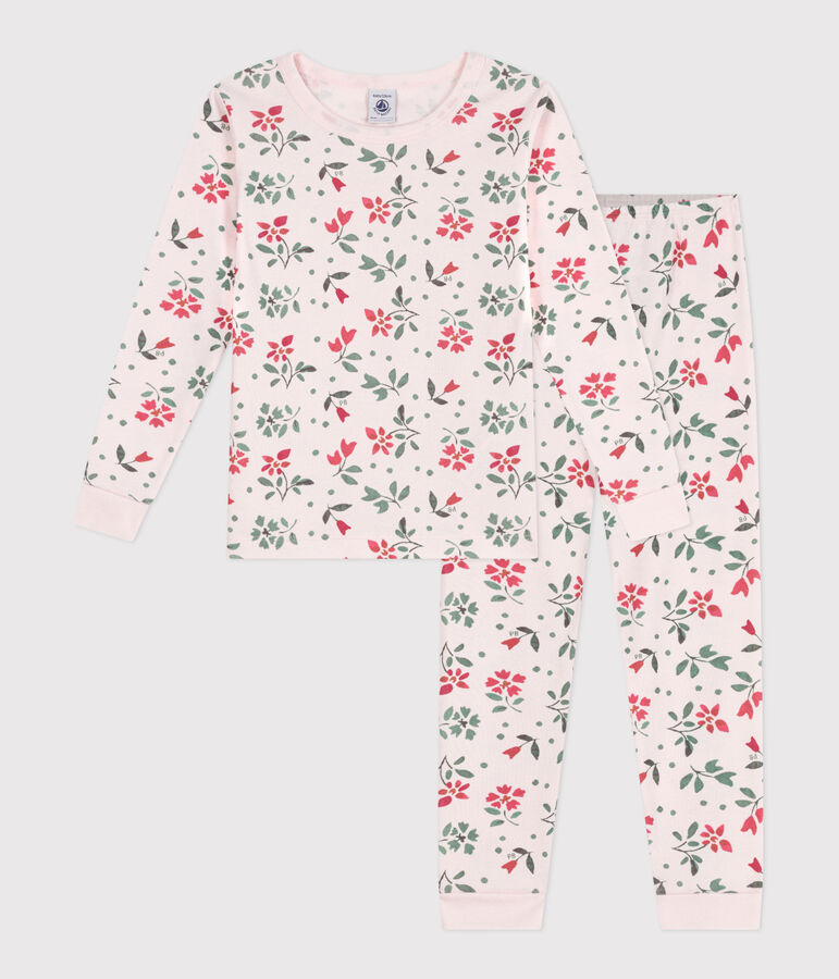 Pyjama tr&egrave;s ajust&eacute; enfant en coton fleuri rose FLEUR/blanc MULTICO