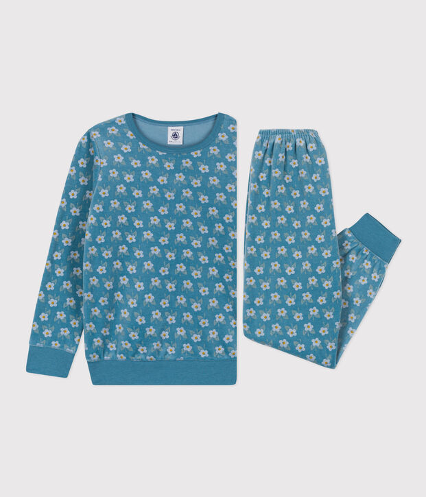 Fluwelen meisjespyjama met bloemetje blauw/multicouleur