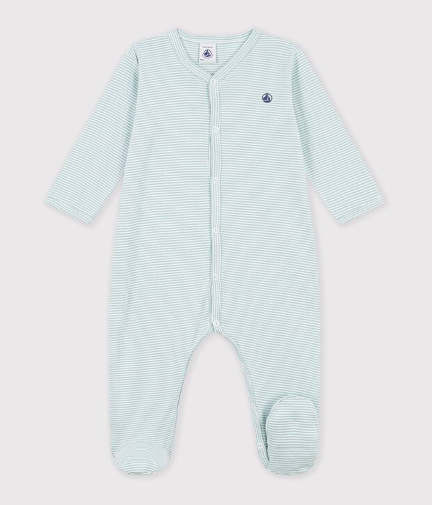 Pyjama b&eacute;b&eacute; en coton &agrave; rayures milleraies vert/blanc
