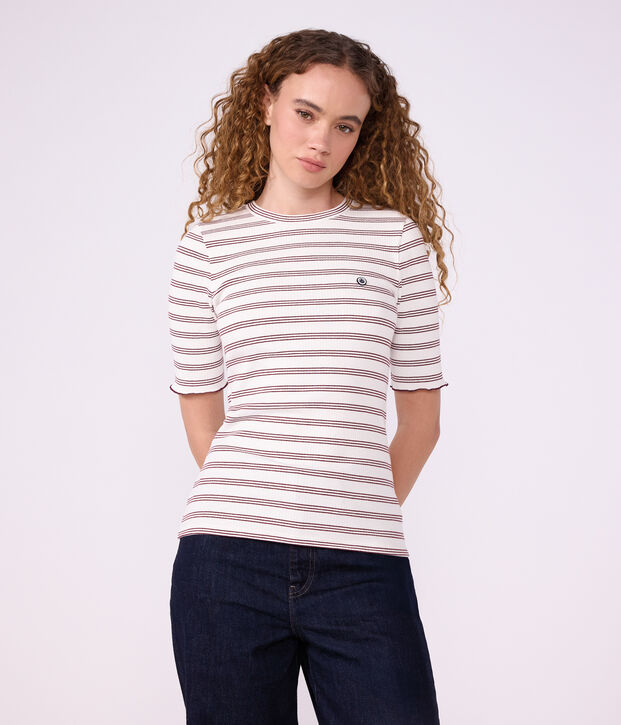 Tee-shirt femme en coton manches courtes &agrave; rayures blanc/rouge