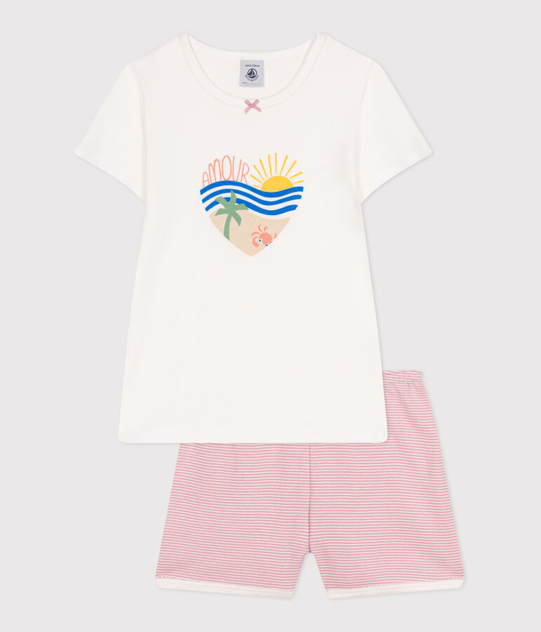 Pyjama short enfant en coton blanc/rose