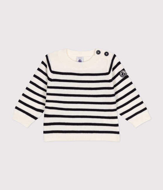 Pull en tricot de laine et coton bébé blanc MARSHMALLOW/bleu SMOKING