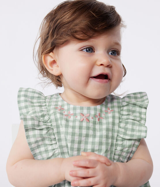 Mouwloos katoenen babyspeelpakje met vichyrpint en geborduurd kraagje blauw PAUL/wit MARSHMALLOW