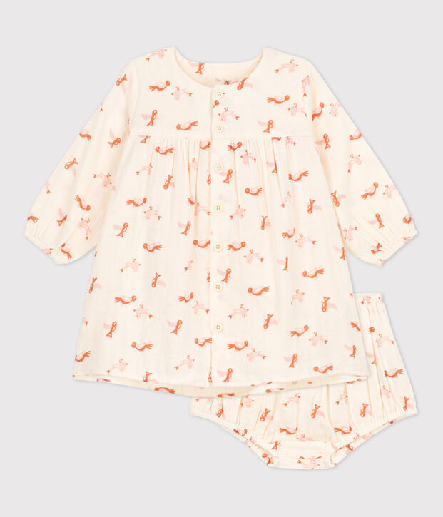 Jurkje en bloomer met vogeltjesprint van luchtig katoen voor baby's ecru/multicouleur