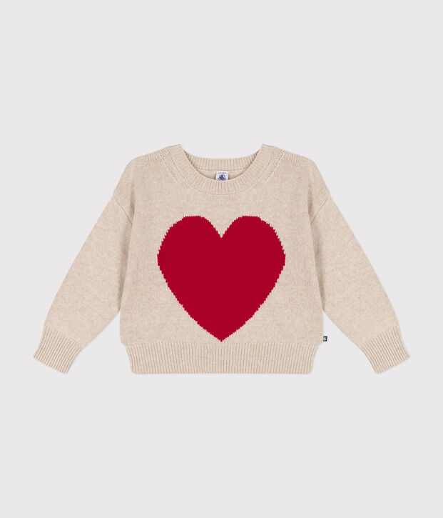 Pull laine et coton enfant fille &eacute;cru/rouge