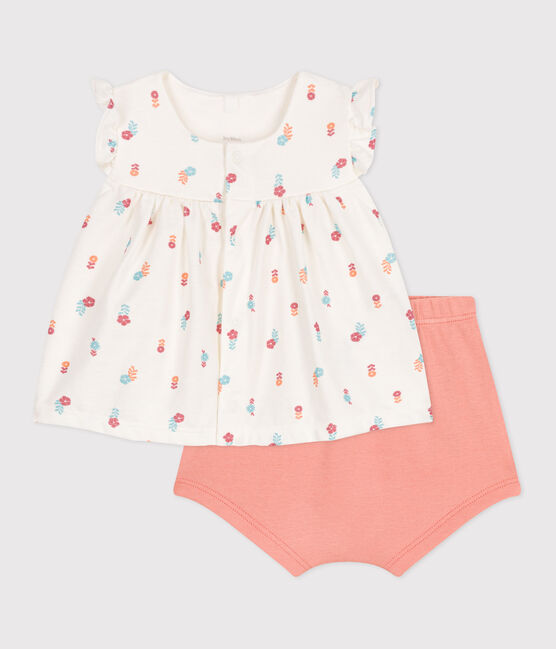 Ensemble naissance deux pièces en coton avec blouse volanté blanc MARSHMALLOW/blanc MULTICO