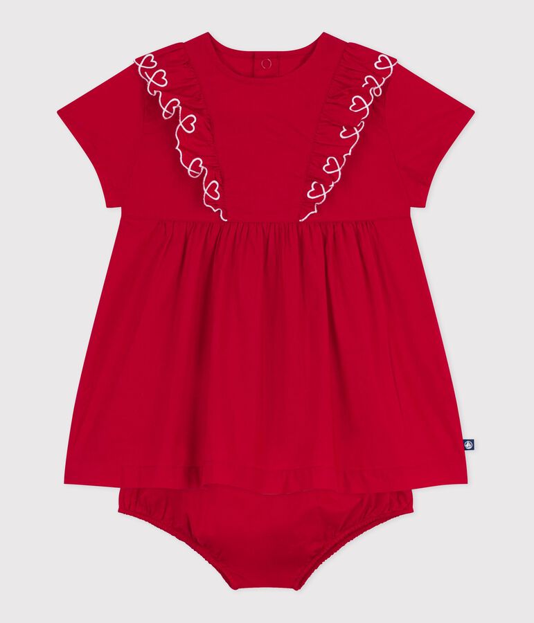 Robe b&eacute;b&eacute; en coton manches courtes unie avec son bloomer rouge