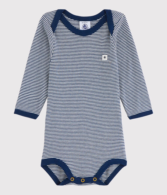 Rompertje met lange mouwen babymeisje - babyjongen blauw MEDIEVAL/wit MARSHMALLOW