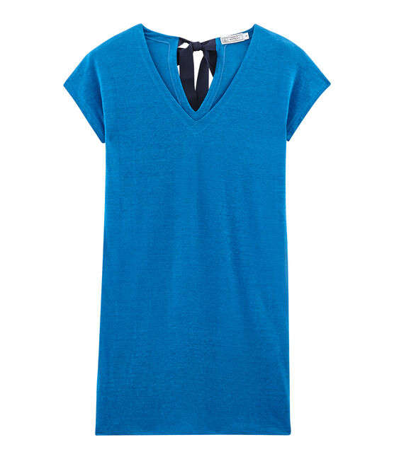 Robe manches courtes femme en lin bleu RIYADH