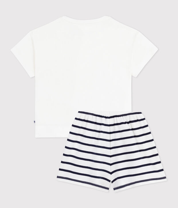 Korte katoenen pyjama met hartjesprint voor kinderen wit/blauw